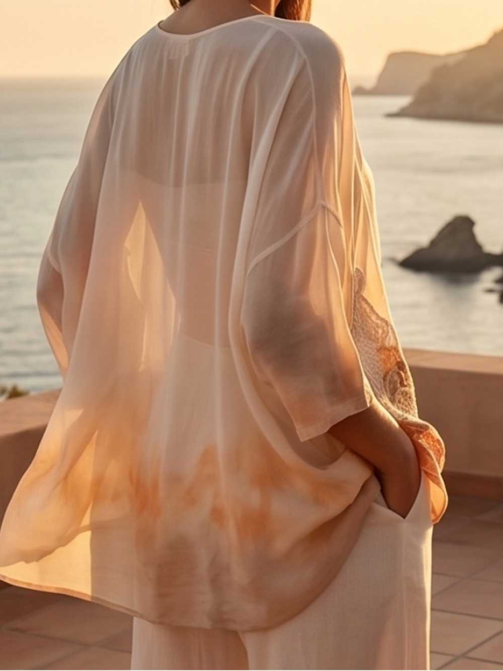 Made in Italy Elegant Sheer Cream Tunic Top with Subtle Peach Ombre